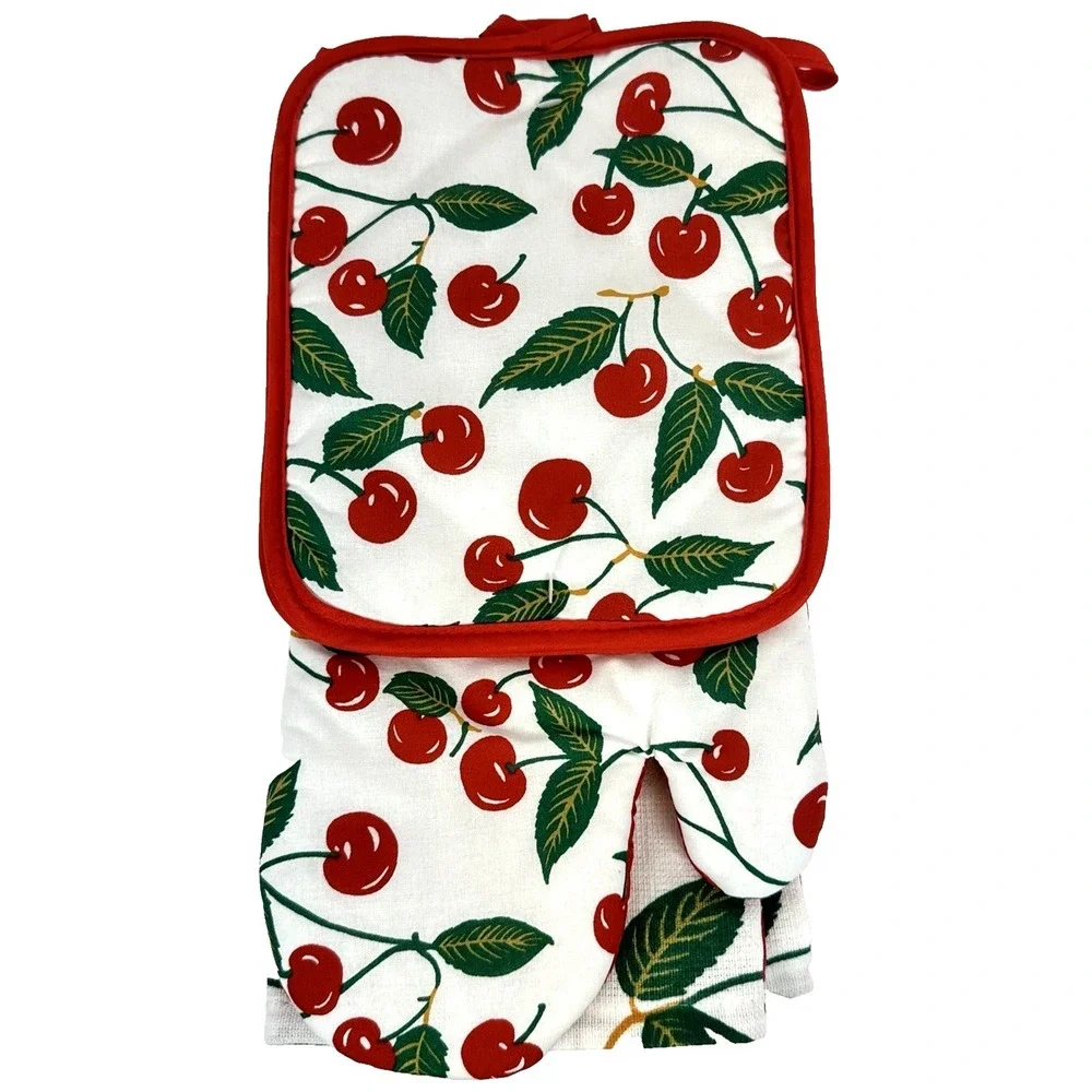 Cherry Kitchen Bundle Set Towels Oven Mitt Pot Holders Cute